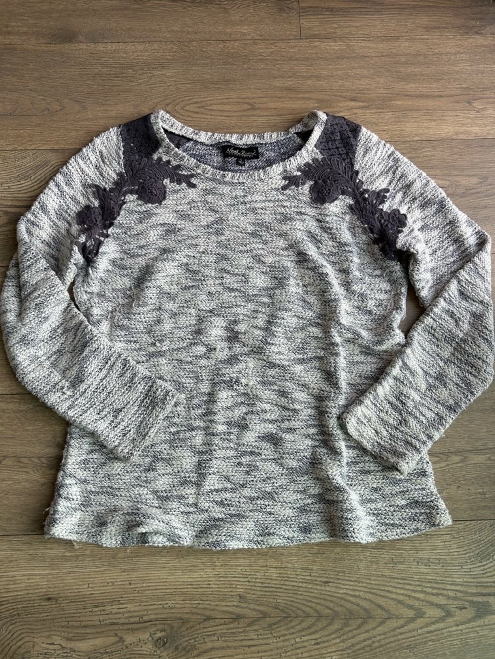 North River Outfitters Cozy Grey Knit Sweater with Lace Shoulder Detail